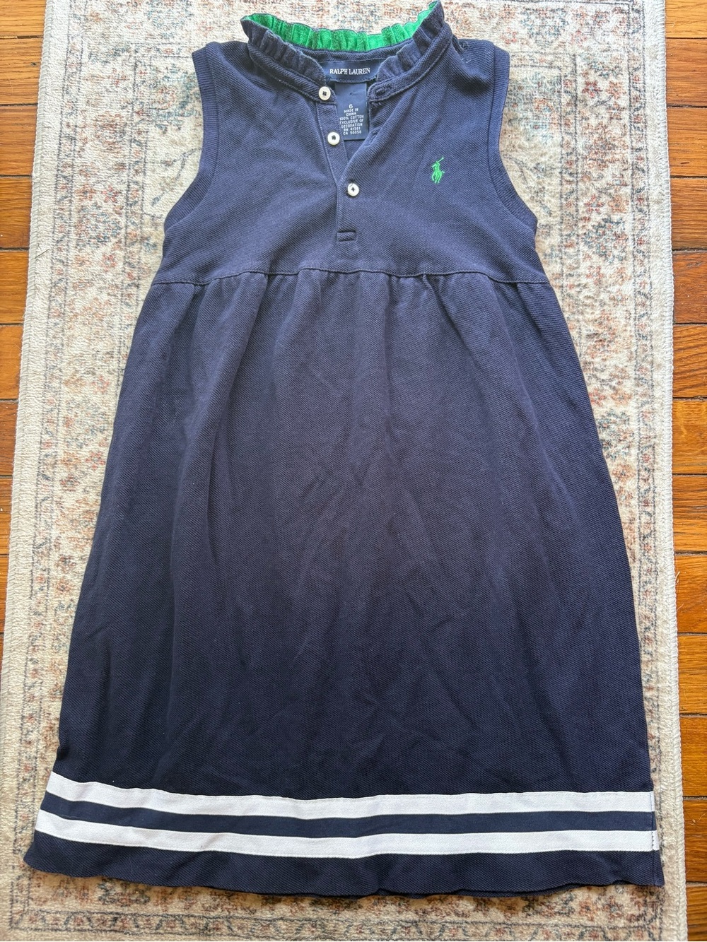Polo Ralph Lauren Size 6 Girls Navy Blue Collared Tank Dress W/Green Accents